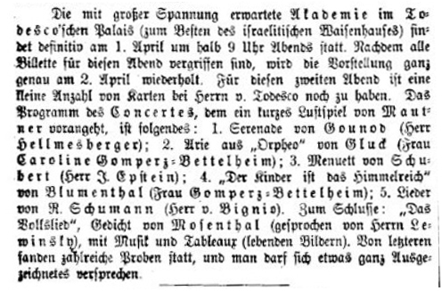 B&W facsimile of the brief report of the first performance of Mosenthal's Das Volkslied in 1868, from Neue freie Presse (Morgenblatt), 1288 (31 March 1868), page 7